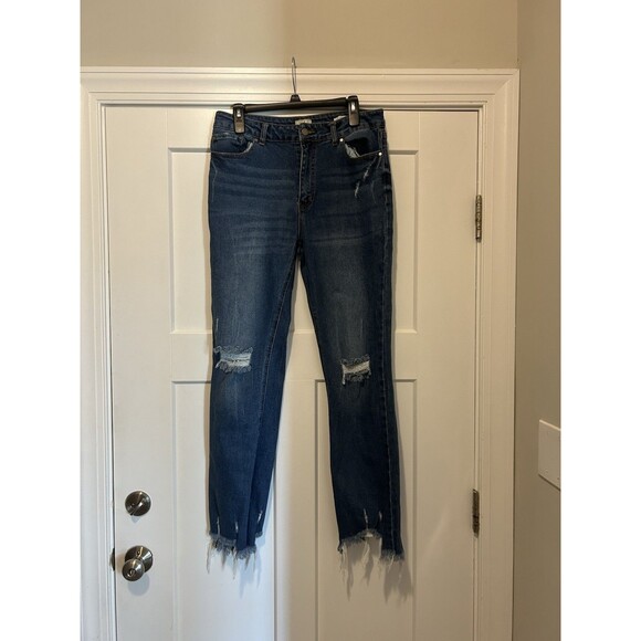 Wonderly Mid Rise Slim Flare Distressed Jeans Dark Blue Denim Size 16 Curvy Plus - Picture 1 of 9